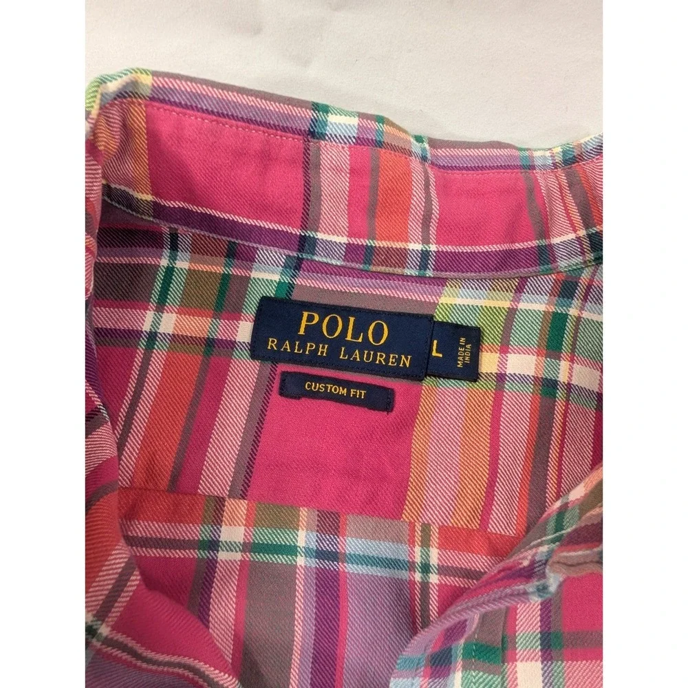 Polo‎ Ralph Lauren Shirt Pink Large Flap Pocket Plaid Custom Fit Button Up Slim